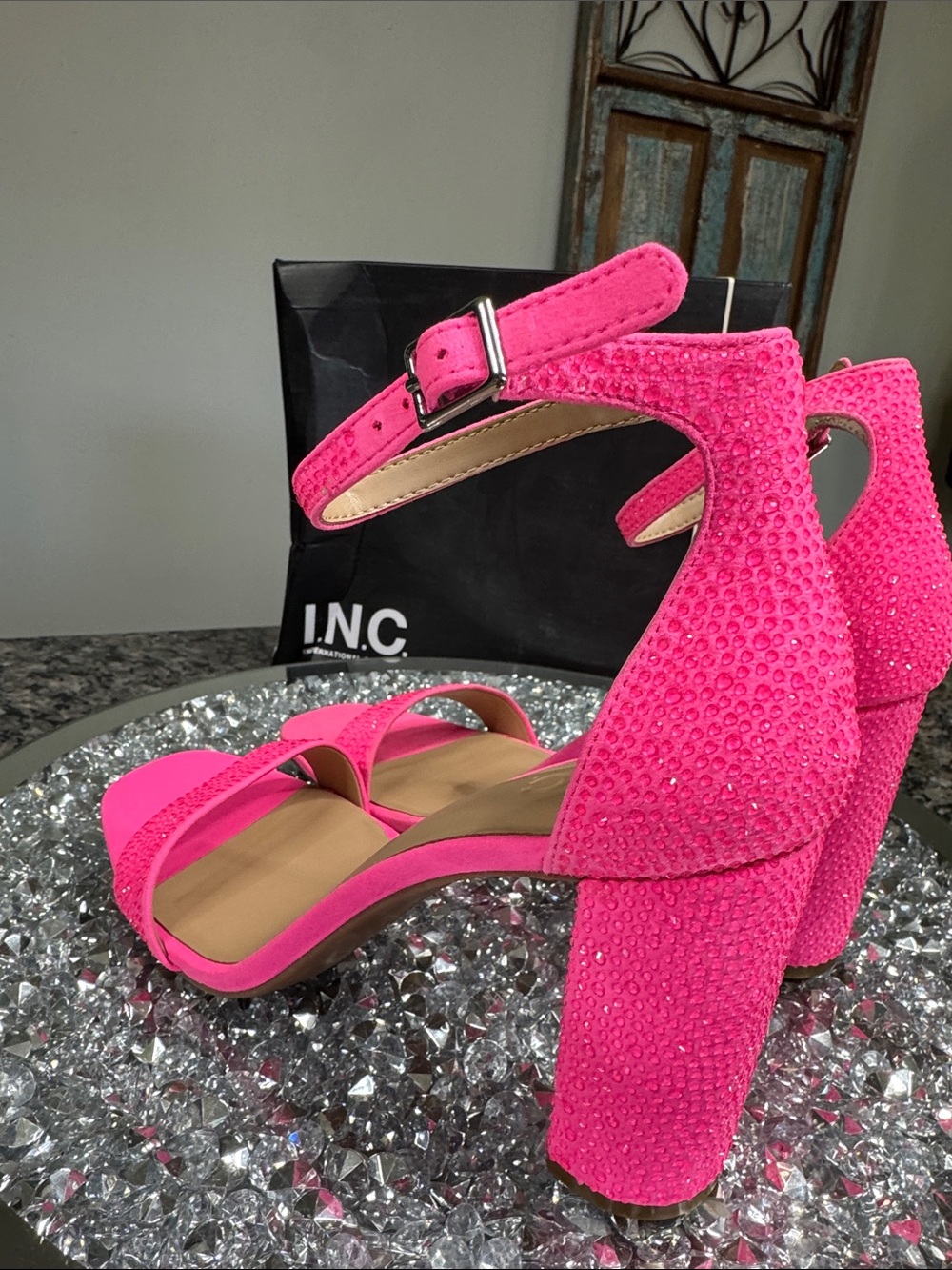 INC International Concepts Neon Pink Block Heel Ankle Strap Sandals - Picture 11 of 14
